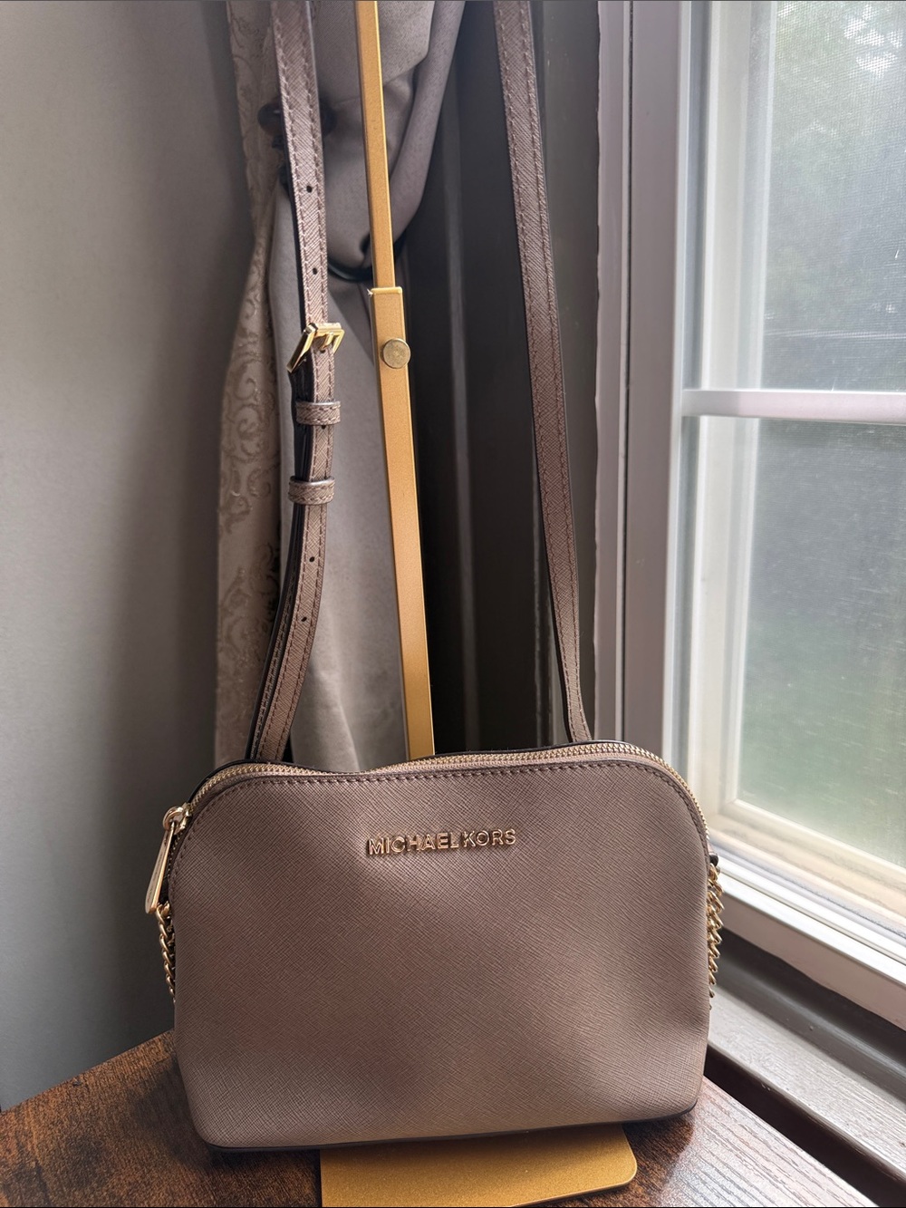 NWOT Michael Kors Taupe Saffiano Crossbody with Gold Hardware